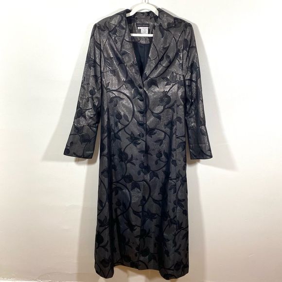 FRANCO MIRABELLI Couture Dark Silver Floral Trench Coat - Size 10 - Picture 5 of 12